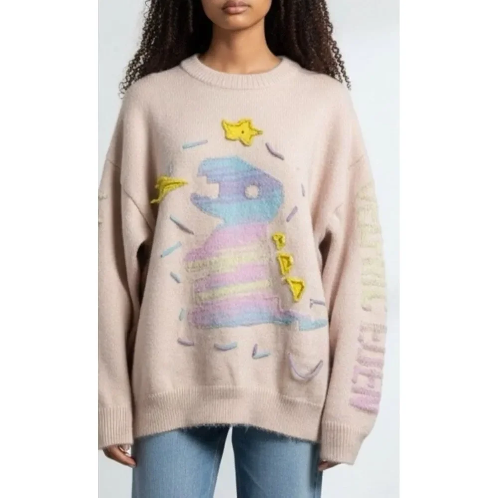 RARE Aelfric Eden Baby Pink Rainbow Dino Logo Stitched Sweater Sz S Indie Skater